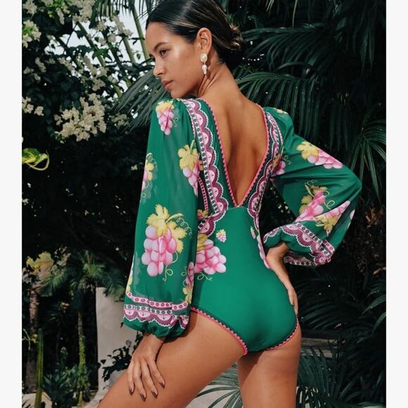 Embroidered Long-sleeved Retro Green Grapes Print One Piece swimsuit with Skirt - Picture 2 of 16